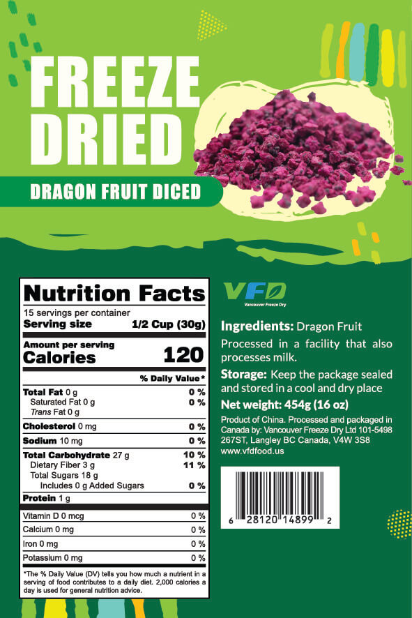 Label for freeze-dried dragon fruit diced with nutrition facts and ingredients listed.