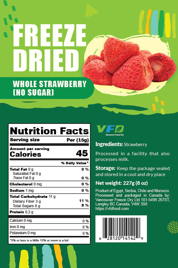 Detailed nutrition label for bulk freeze-dried Whole Strawberry — ingredients and nutritional values for bakery use