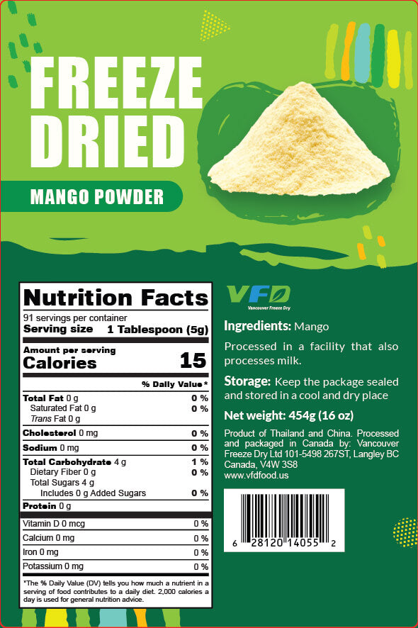 Detailed nutrition label for bulk freeze-dried Mango Powder β ingredients and nutritional values for beverage use