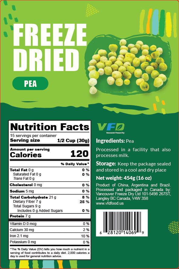Detailed nutrition label for bulk freeze-dried Pea β ingredients and nutritional values for restaurant use