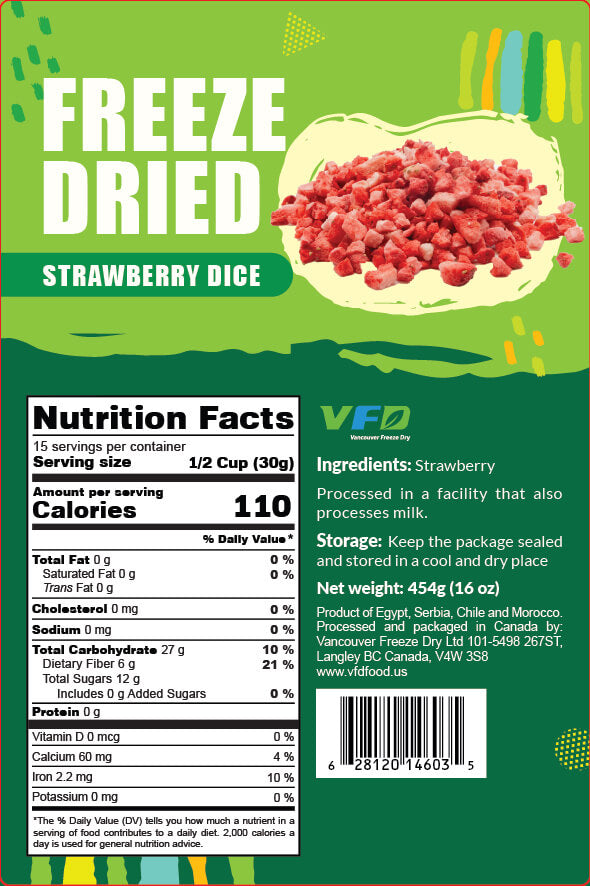 Detailed nutrition label for bulk freeze-dried Strawberry Granule — ingredients and nutritional values for bakery use