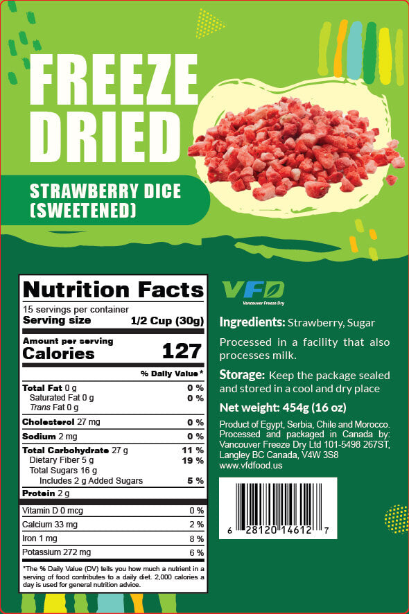 Detailed nutrition label for bulk freeze-dried Strawberry Diceβ ingredients and nutritional values for bakery use