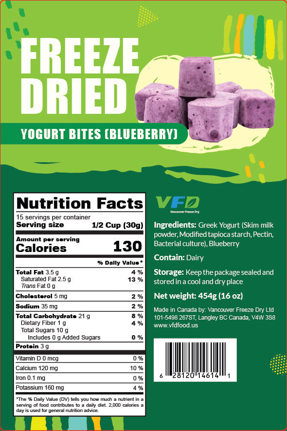 Detailed nutrition label for bulk Blueberry freeze-dried Yogurt bite — ingredients and nutritional values for bakery use