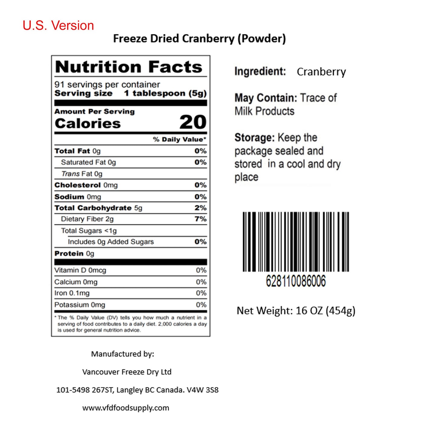 Freeze-Dried Cranberry Powder - Wholesale Ingredient for Cakes, Ice Cream or Smoothies - No Additives