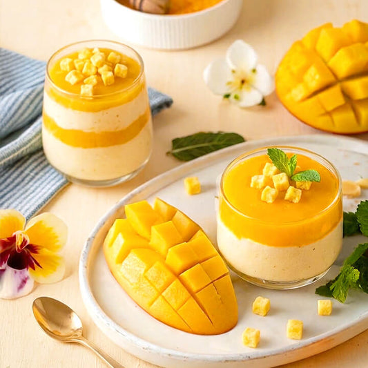 Two layered mango dessert cups with creamy custard and bright mango mousse, garnished with freeze dried diced mango and mint, arranged on a white plate with sliced mango, flowers, mint, and a spoon on a light wooden surface.