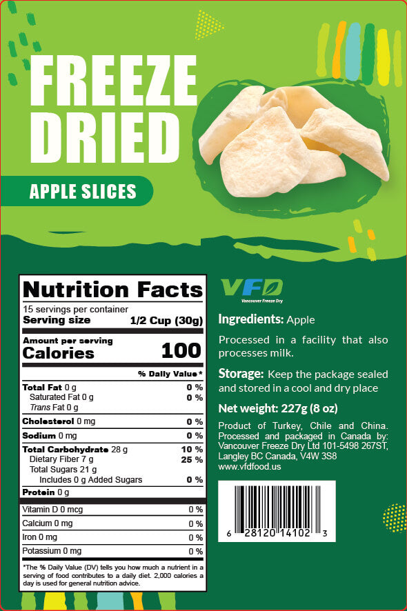 Detailed nutrition label for bulk freeze-dried Apple Slice — ingredients and nutritional values for bakery use