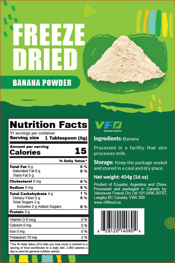 Detailed nutrition label for bulk freeze-dried Banana Powder — ingredients and nutritional values for beverage use