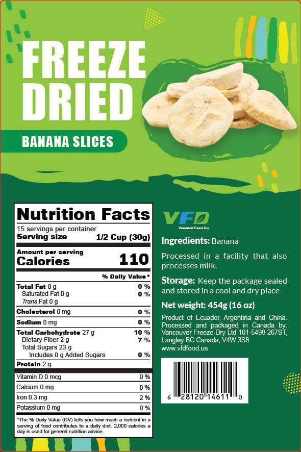 Detailed nutrition label for bulk freeze-dried Banana Slice — ingredients and nutritional values for bakery use
