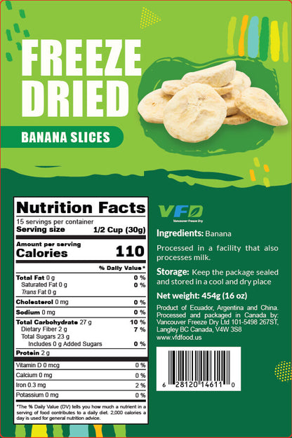 Detailed nutrition label for bulk freeze-dried Banana Slice — ingredients and nutritional values for bakery use