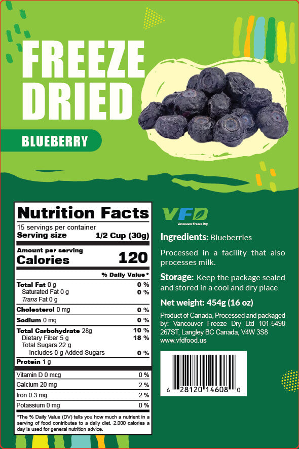 Detailed nutrition label for bulk freeze-dried Blueberry — ingredients and nutritional values for bakery use