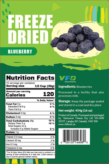 Detailed nutrition label for bulk freeze-dried Blueberry — ingredients and nutritional values for bakery use