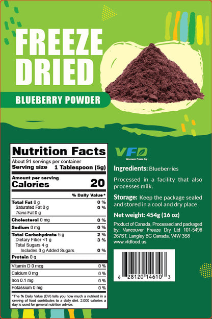 Detailed nutrition label for bulk freeze-dried Blueberry Powder — ingredients and nutritional values for bakery use