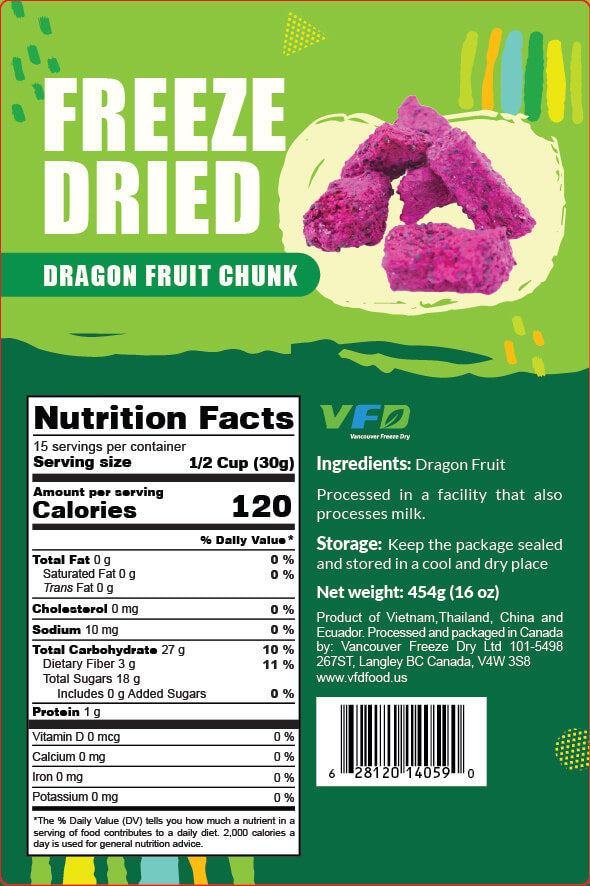 Detailed nutrition label for bulk freeze-dried Dragon Fruit Chunk — ingredients and nutritional values for bakery use