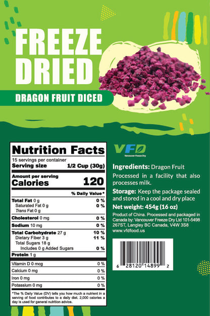 Label for freeze-dried dragon fruit diced with nutrition facts and ingredients listed.