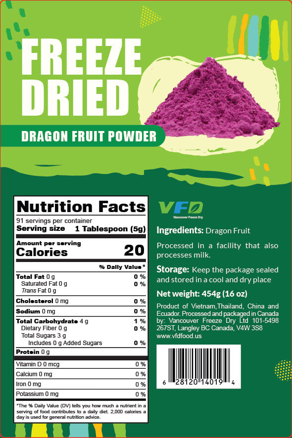 Detailed nutrition label for bulk freeze-dried Pitaya Powder — ingredients and nutritional values for beverage use