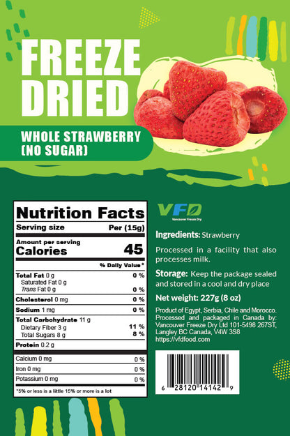 Detailed nutrition label for bulk freeze-dried Whole Strawberry — ingredients and nutritional values for bakery use