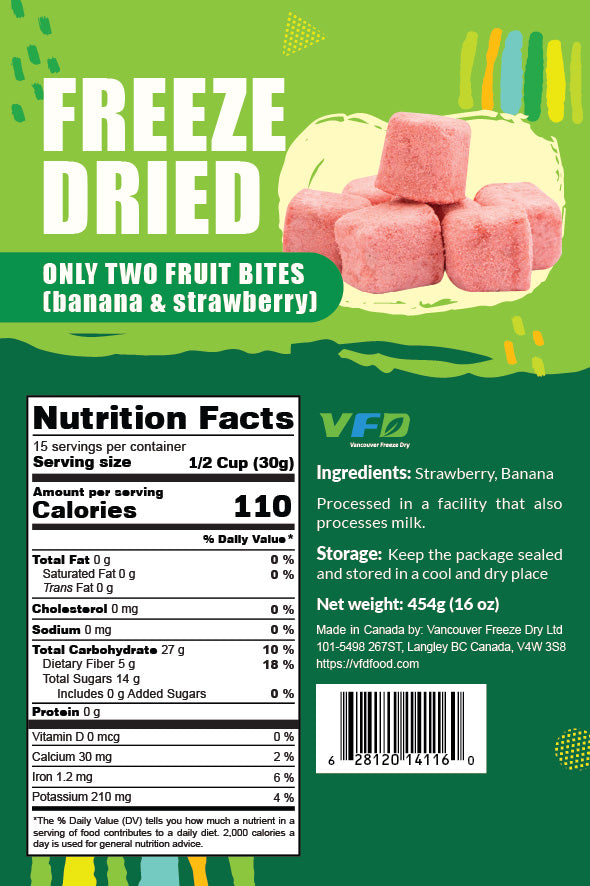 Detailed nutrition label for bulk Only Two Fruit Bites (Banana & Strawberry) — ingredients and nutritional values for dessert use