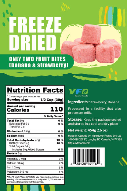 Detailed nutrition label for bulk Only Two Fruit Bites (Banana & Strawberry) — ingredients and nutritional values for dessert use