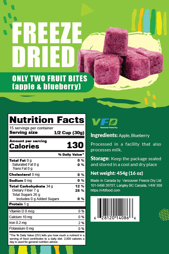 Detailed nutrition label for bulk Only Two Fruit Bites (Apple & Blueberry) — ingredients and nutritional values for dessert use
