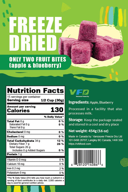 Detailed nutrition label for bulk Only Two Fruit Bites (Apple & Blueberry) — ingredients and nutritional values for dessert use