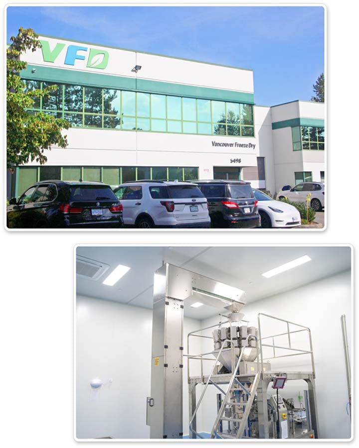 Top: Exterior of a building with 'VFD' logo, bottom: Interior industrial setting with machinery.