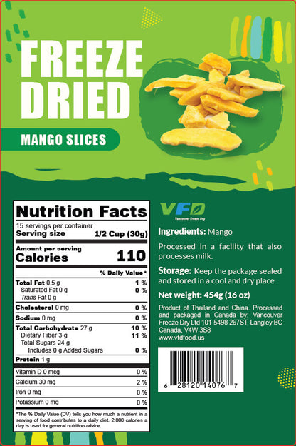 Detailed nutrition label for bulk freeze-dried Mango Slice — ingredients and nutritional values for bakery use