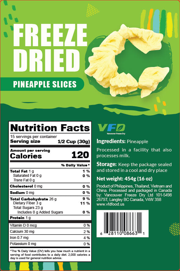 Detailed nutrition label for bulk freeze-dried Pineapple Slice — ingredients and nutritional values for bakery use