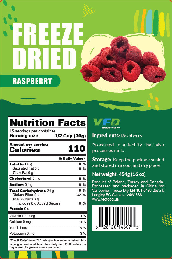 Detailed nutrition label for bulk freeze-dried Raspberry — ingredients and nutritional values for bakery use