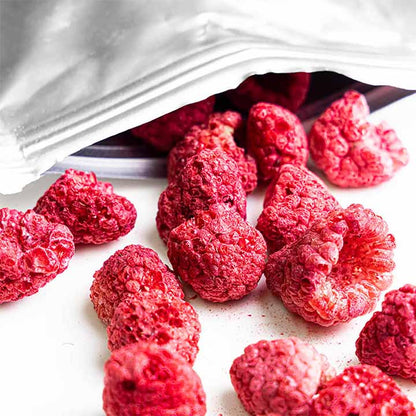 Freeze dried Raspberry bag on white background
