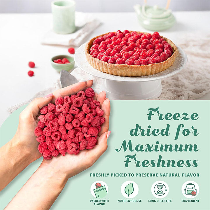 Freeze-dried raspberries held in hands with a raspberry tart in the background, featuring text about freeze-drying benefits.