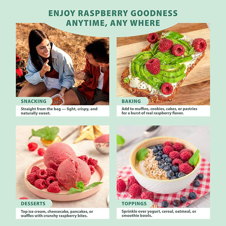 Four examples of uses for raspberries: snacks, baking, desserts, and toppings.