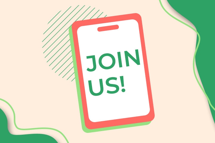 Phone with 'JOIN US!' text on a beige and green background