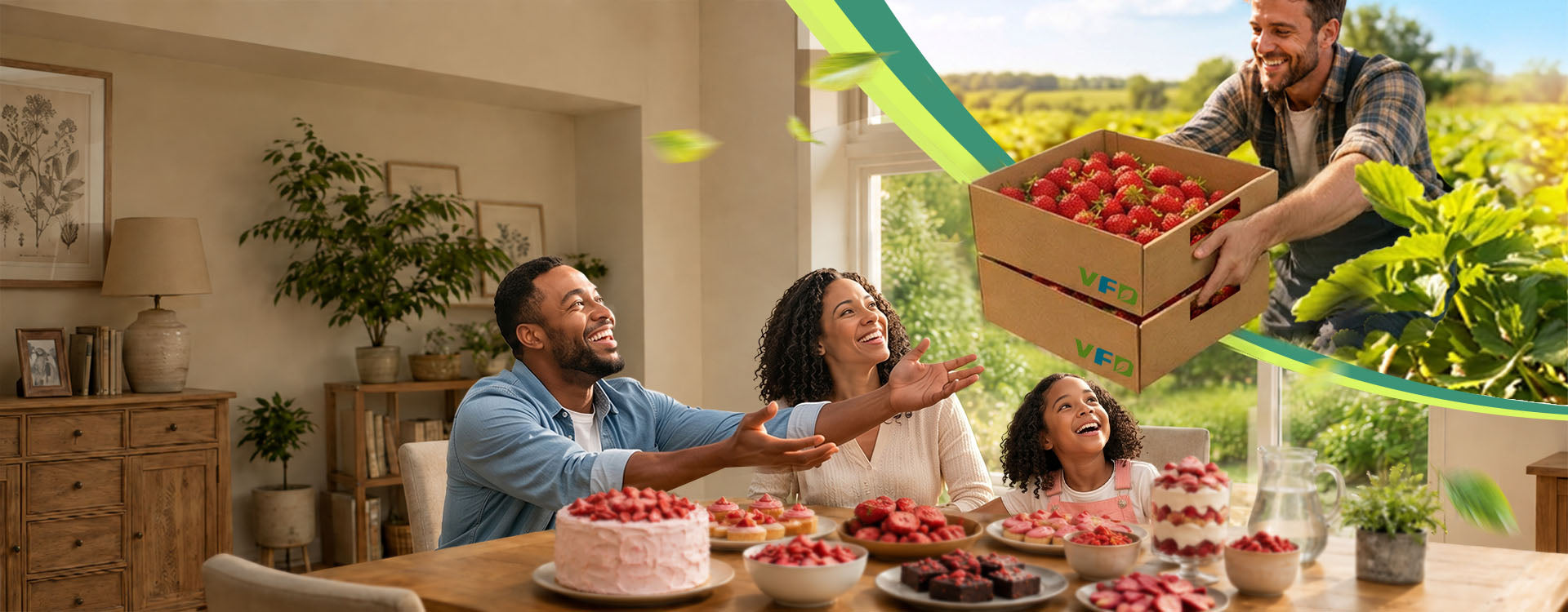 Family gathered around a table with a cake and fruit, with a man bringing more fruit in the background.