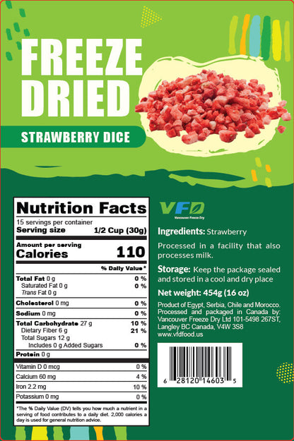 Detailed nutrition label for bulk freeze-dried Strawberry Granule — ingredients and nutritional values for bakery use