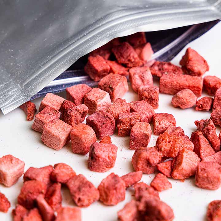 Freeze dried Strawberry Diced bag on white background