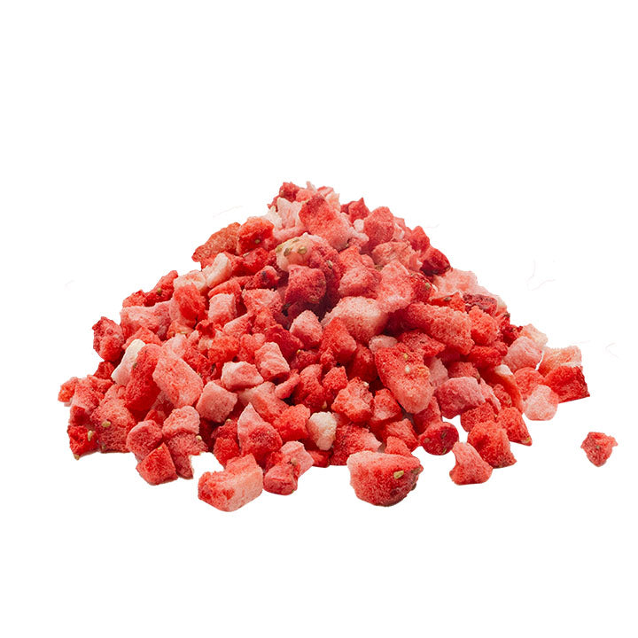 Freeze dried Strawberry Diced on white background — crisp, natural fruit snack by VFD, perfect for baking, dessert, and smoothie