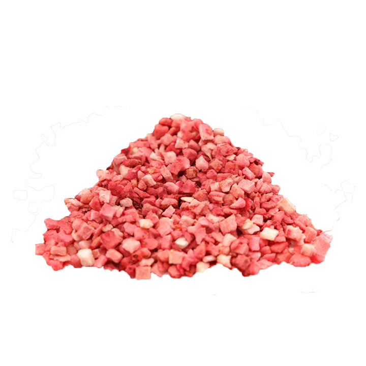 Freeze dried Strawberry Granule on white background — crisp, natural fruit snack by VFD, perfect for baking, dessert, and smoothie