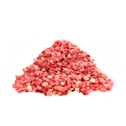 Freeze dried Strawberry Granule on white background — crisp, natural fruit snack by VFD, perfect for baking, dessert, and smoothie