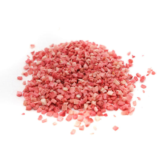 Freeze dried bulk Strawberry Granules on white background