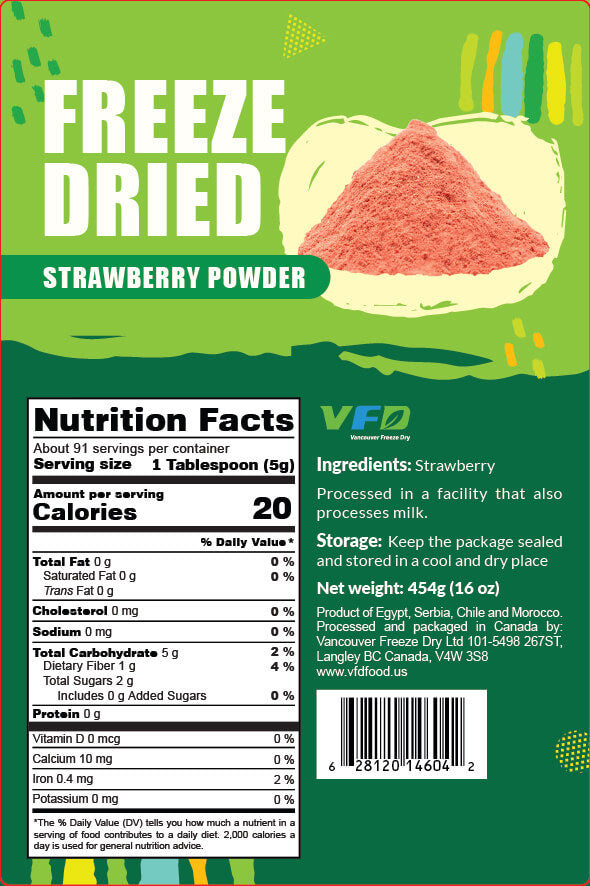 Detailed nutrition label for bulk freeze-dried Strawberry Powder — ingredients and nutritional values for bakery use
