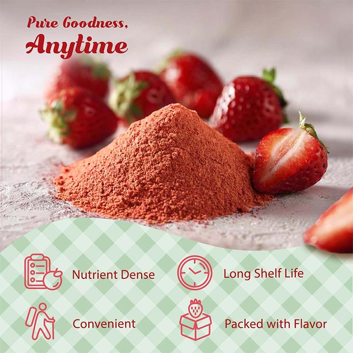 Strawberry powder with strawberries and text highlighting benefits on a checkered background