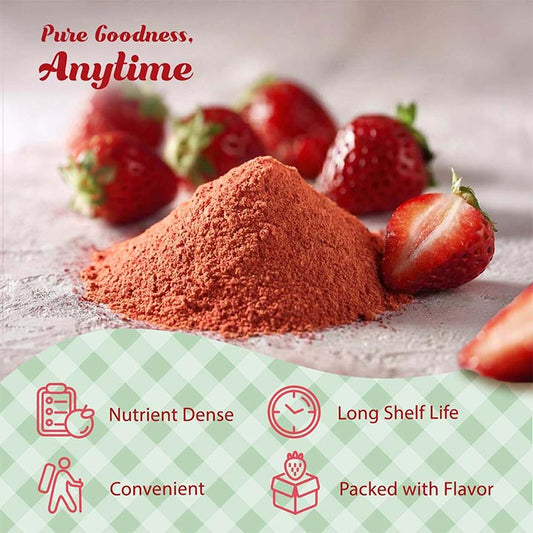 Strawberry powder with strawberries and text highlighting benefits on a checkered background