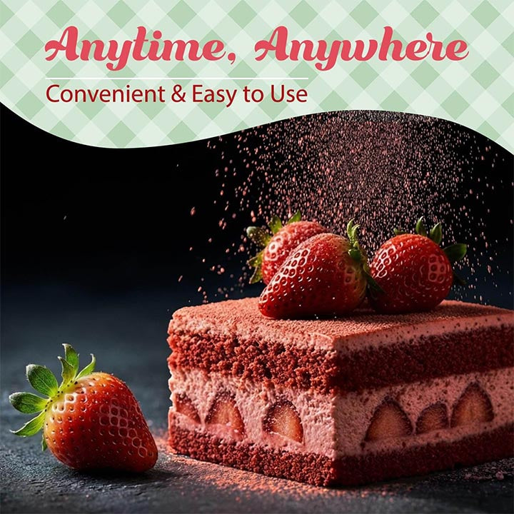 Red velvet cake with strawberries on a dark surface, with text 'Anytime, Anywhere - Convenient & Easy to Use' at the top.