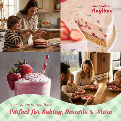 Collage of a woman and child in a kitchen, strawberry cake, strawberry milkshake, and family eating dessert.