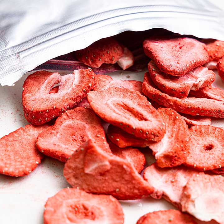 Freeze dried Strawberry Sliced bag on white background