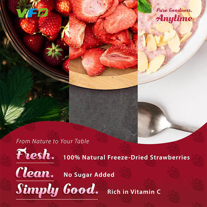 Collage of freeze-dried strawberries with promotional text and VFD logo.