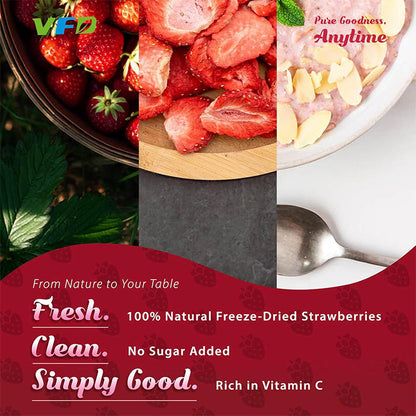 Collage of freeze-dried strawberries with promotional text and VFD logo.