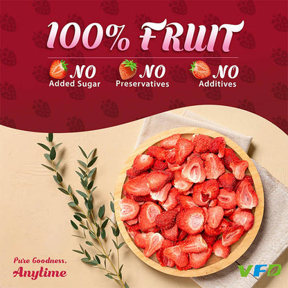Wooden bowl of strawberries with a red background and '100% Fruit' text.