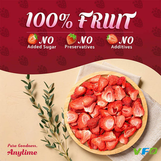 Wooden bowl of strawberries with a red background and '100% Fruit' text.