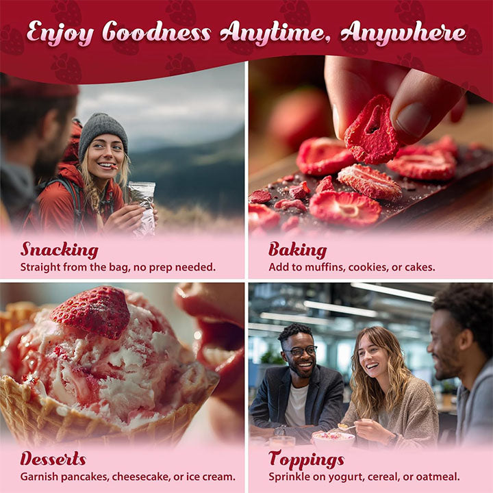 Collage of images showing people enjoying berries in various settings with text on how to use them.